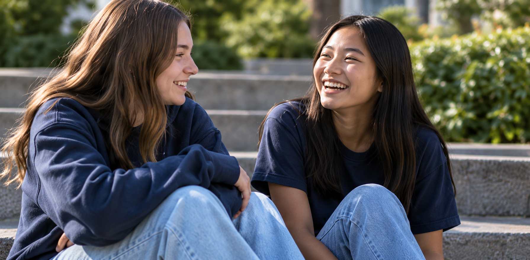 Two teenage friends laughing together on outdoor steps.