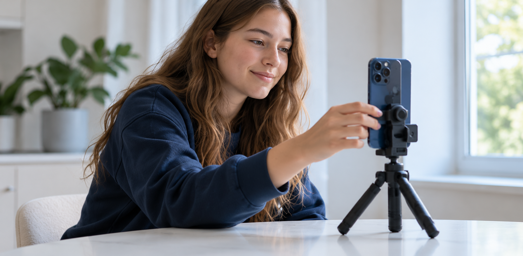 A teenage girl adjusting a smartphone on a small tabletop tripod.