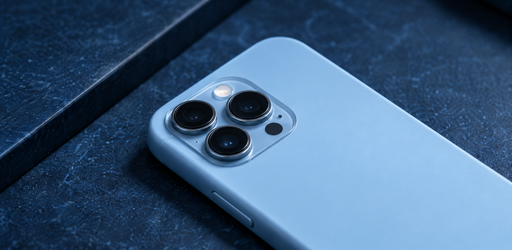 The cameras on a pale blue smartphone resting on a dark stone surface.