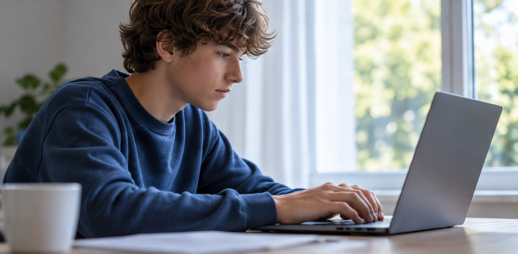 A teenage boy using a laptop at a table beside a bright window.
