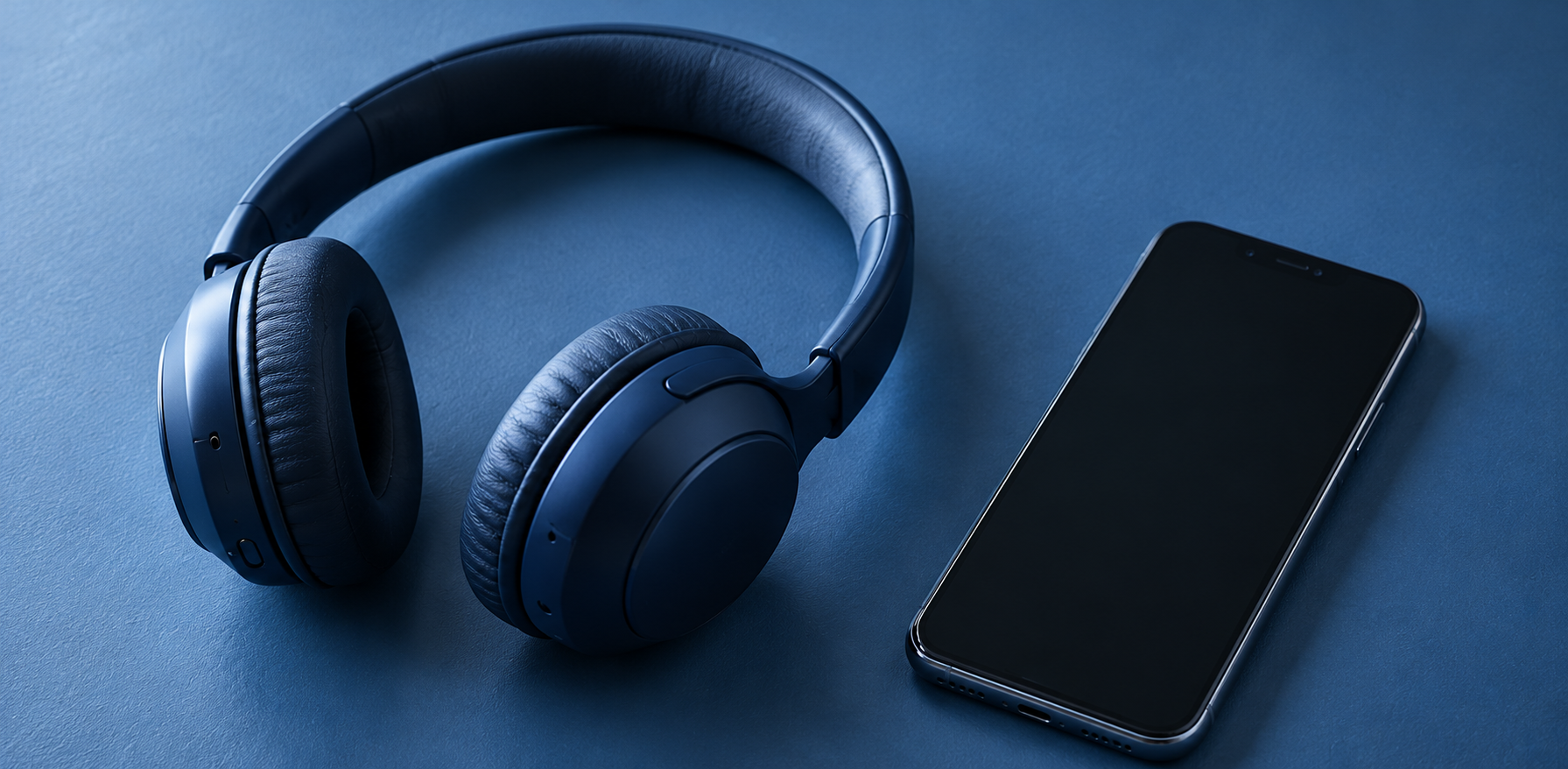 Navy headphones and a smartphone on a blue tabletop.