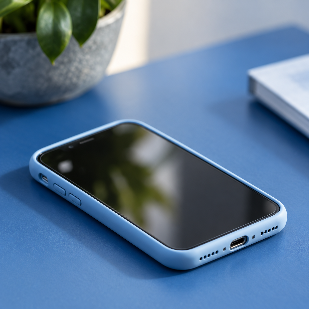 A phone in a blue case resting on a blue tabletop.