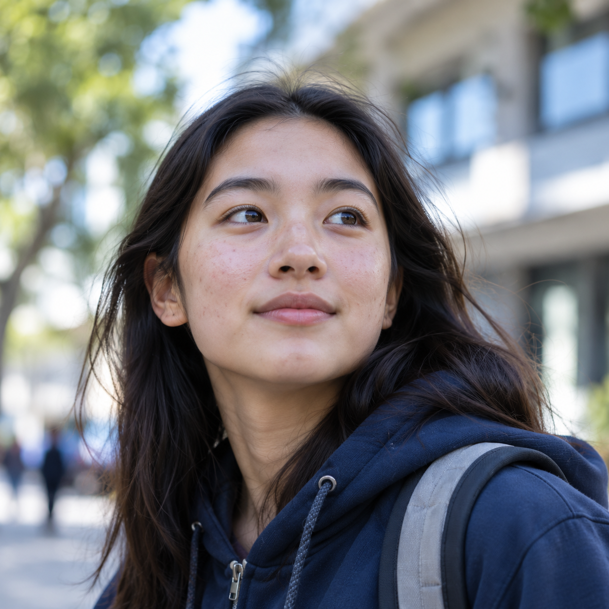 A teenager in a blue hoodie and backpack looking thoughtfully into the distance.