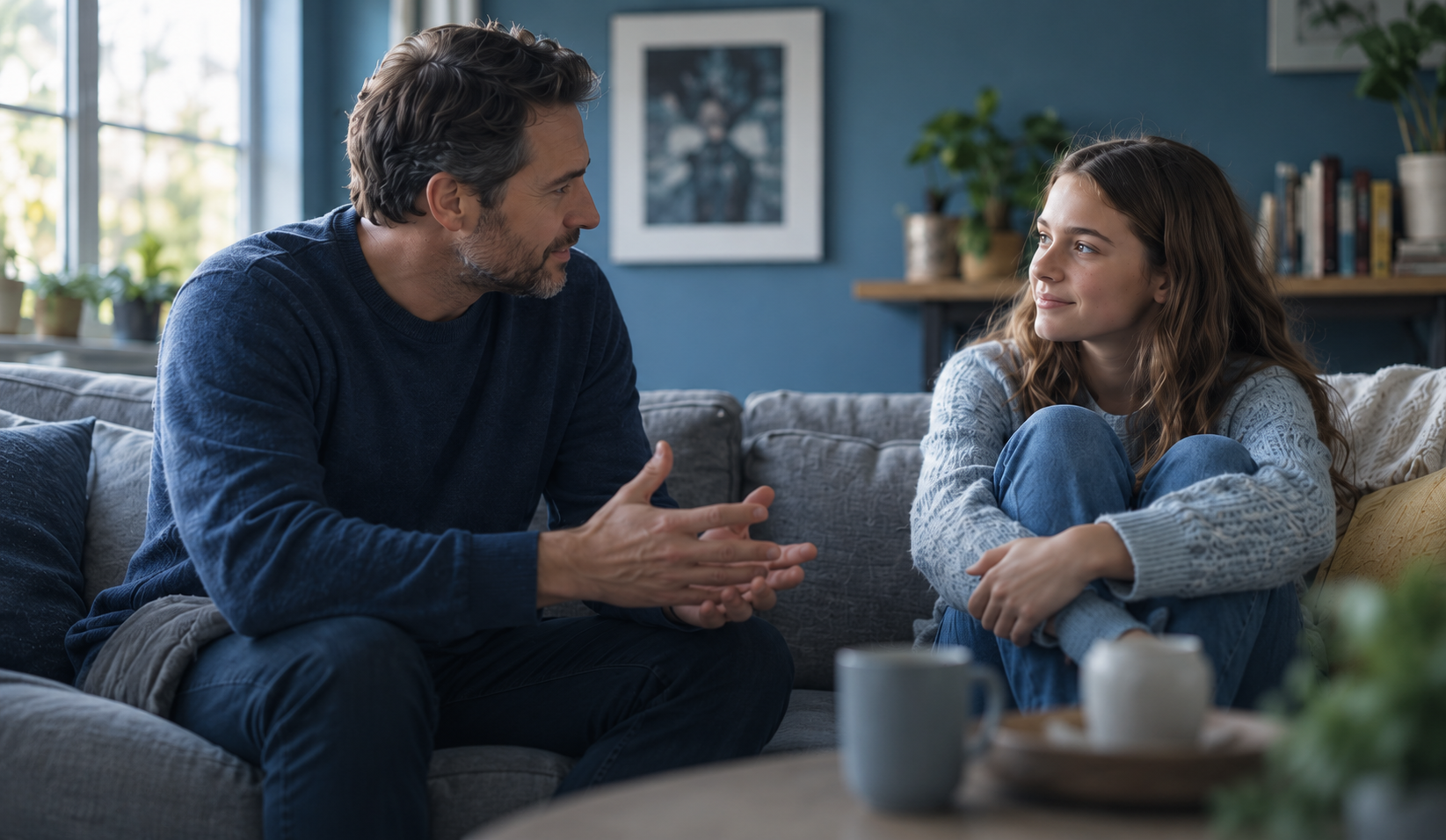 A father and his daughter share a conversation on the sofa.