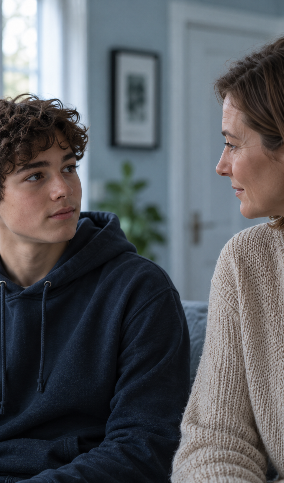 A teenage boy talks with his mother at home.