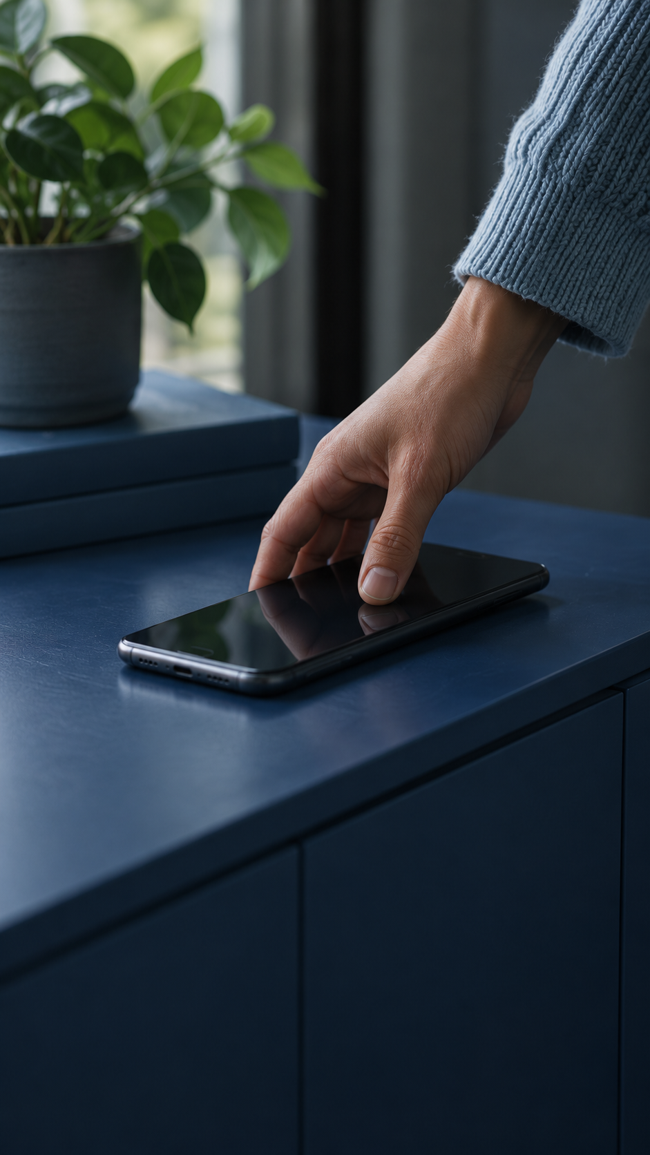 A hand puts a phone down on a blue sideboard.