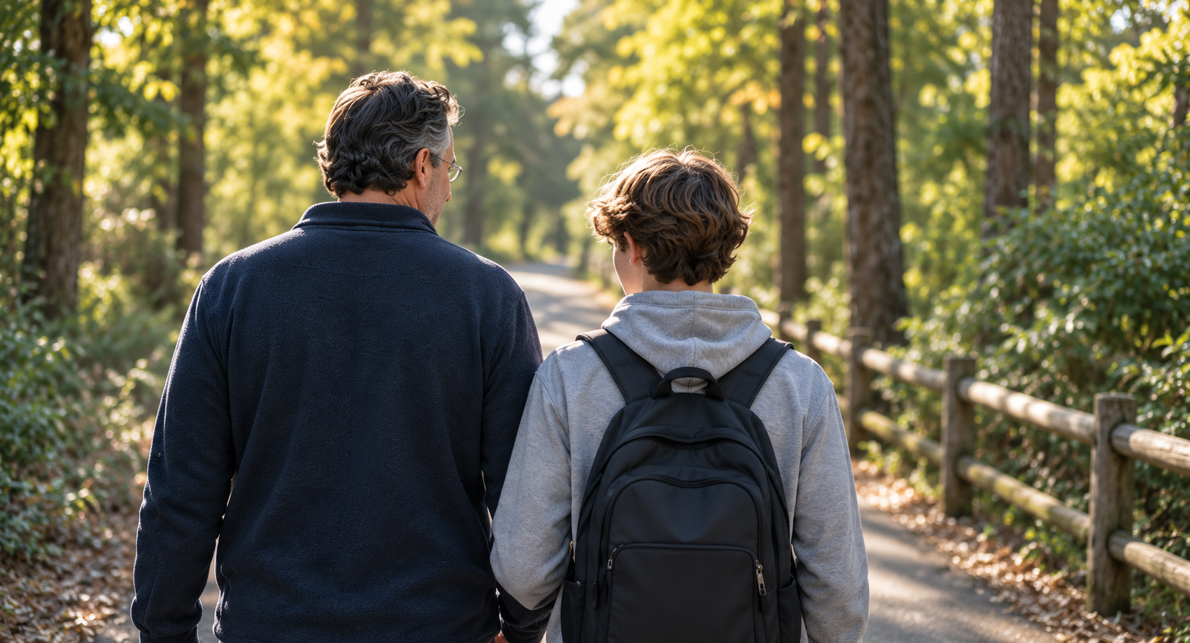 A father and teenage son walking together along a wooded path.