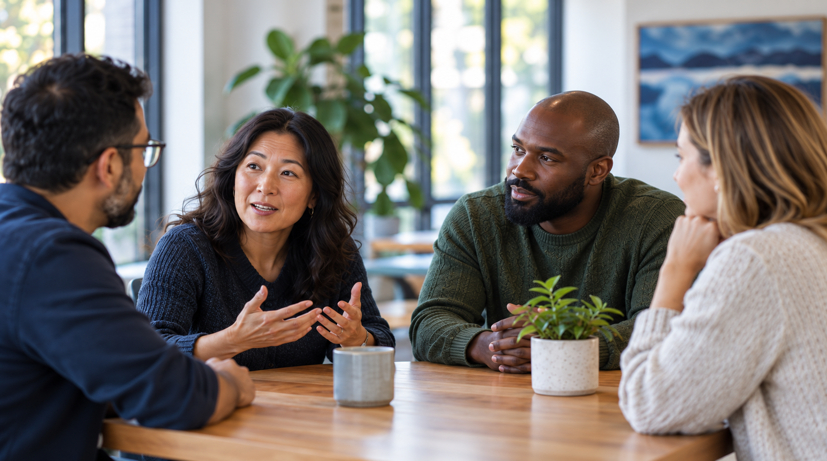 Four community leaders sharing ideas around a table.