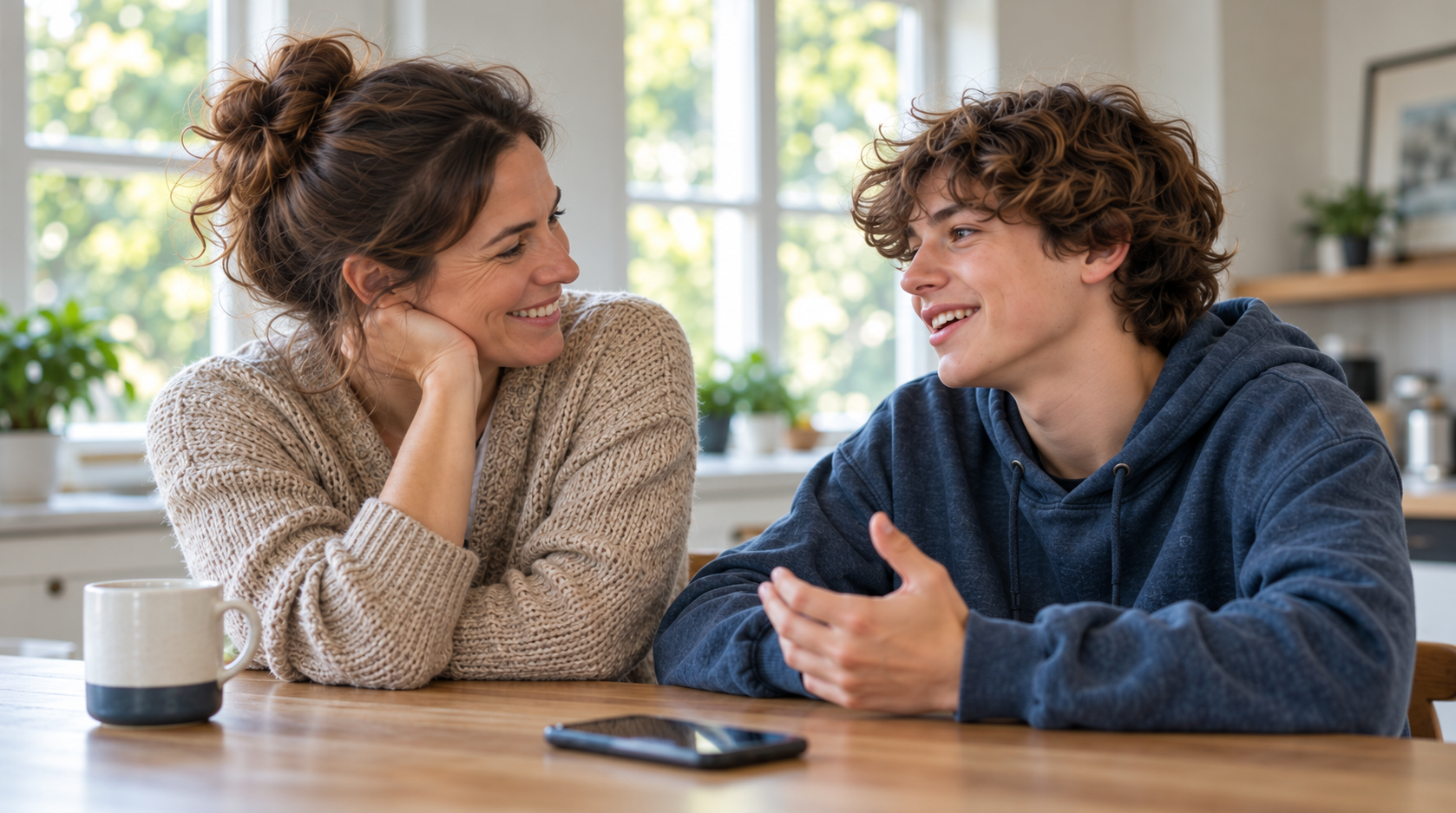 A mother and her teenage son enjoying a conversation at the kitchen table.